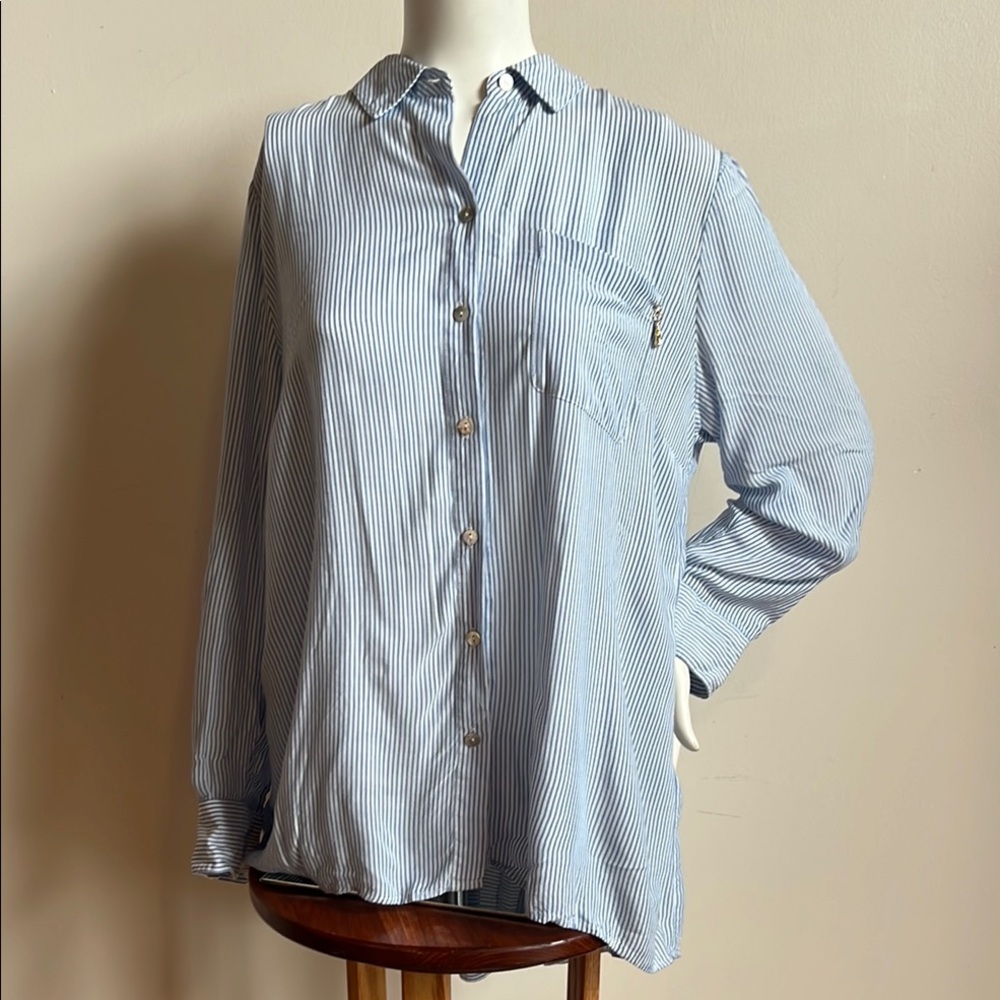 Chico's Blue and white striped Long Sleeve Button Down Shirt